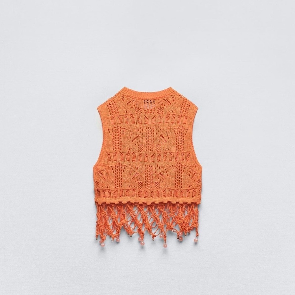 Zara Crochet Knit Vest Beaded Sz sm Trend Crop Fringe - Picture 3 of 8